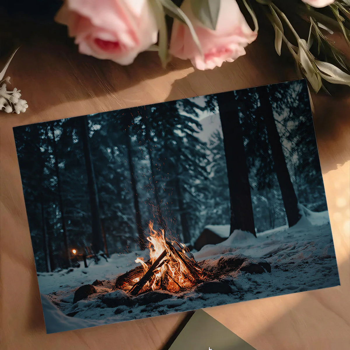 Winter Campfire Forest Mural Wallpaper — Moody Nature Design Mural Wallpaper - room preview 03