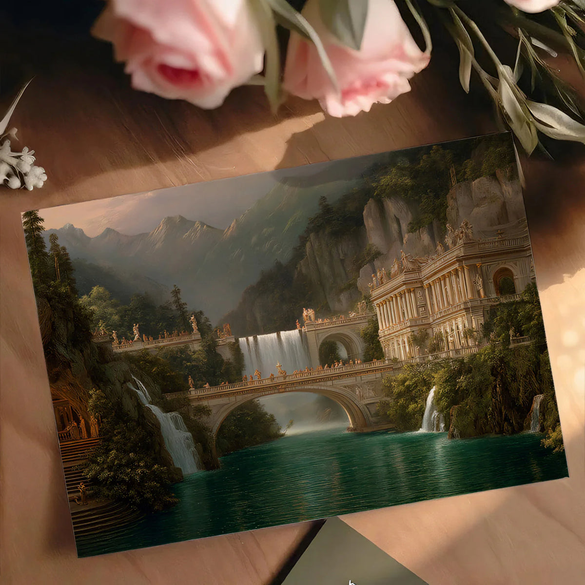 Mythical Palace & Waterfall Mural Wallpaper — Classical Landscape Mural Wallpaper - room preview 03
