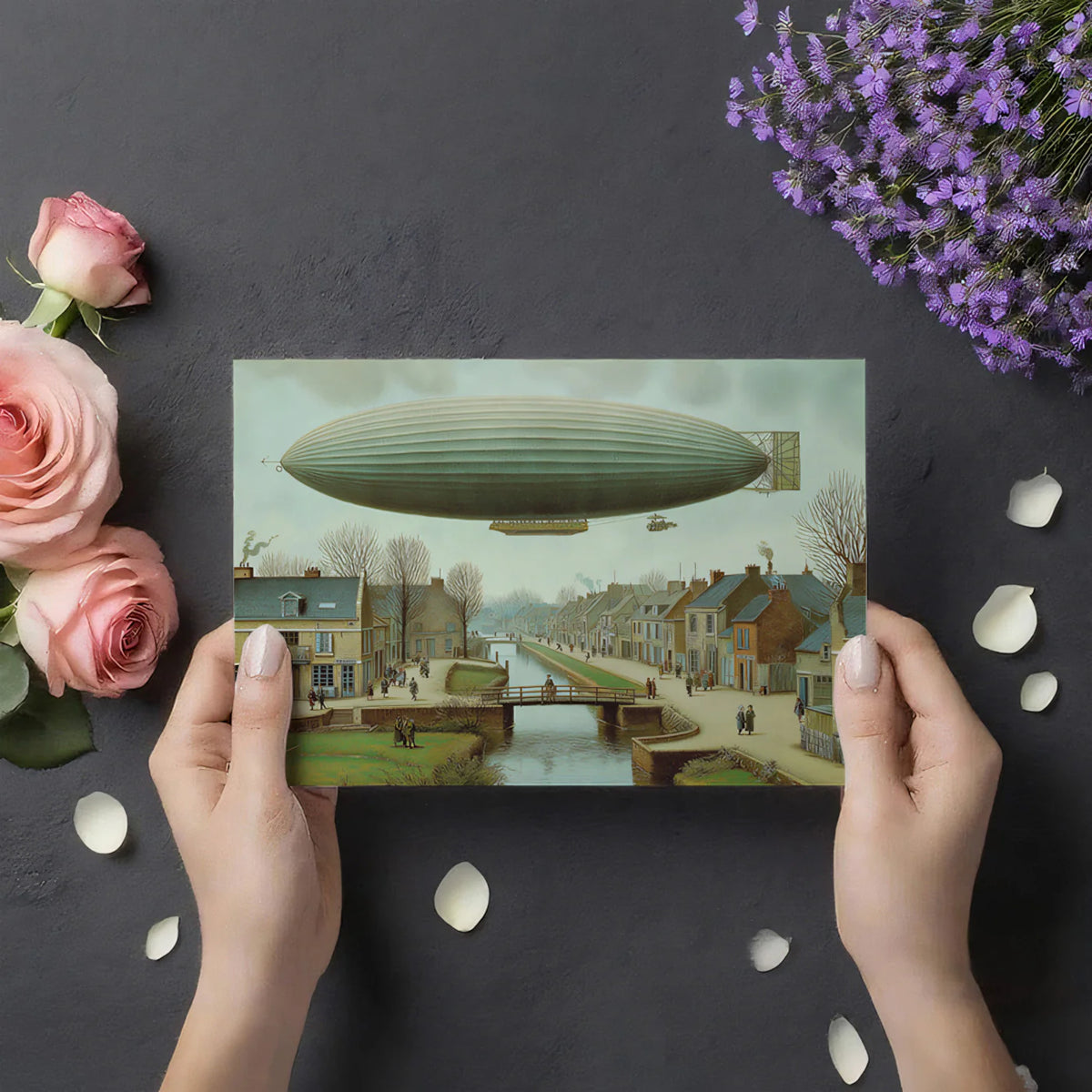 Vintage Airship Village Mural Wallpaper — Whimsical Canal Scene Mural Wallpaper - room preview 03