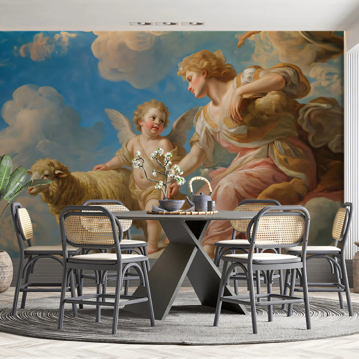 Renaissance Angel and Sheep Mural Wallpaper — Heavenly Cloud Design Mural Wallpaper - room preview 03