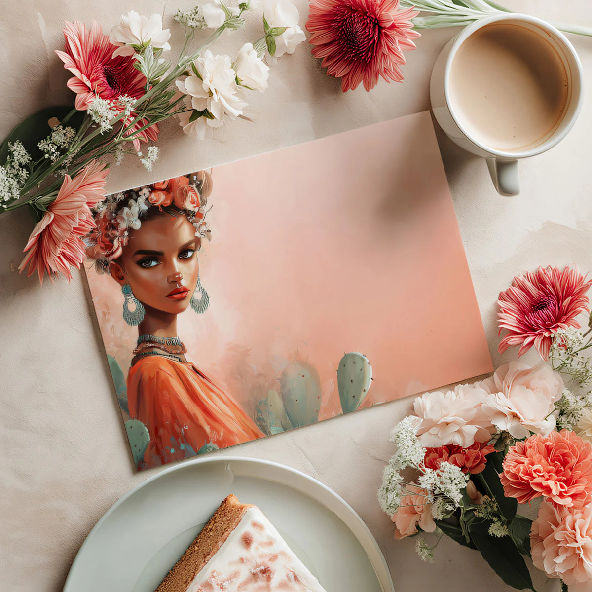 Bohemian Portrait Mural Wallpaper — Floral and Cactus Art Mural Wallpaper - room preview 03