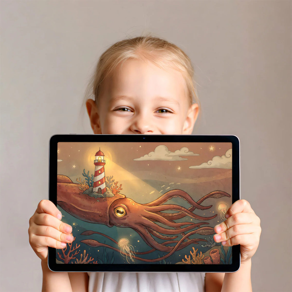 Giant Squid and Lighthouse Mural Wallpaper — Whimsical Nautical Mural Wallpaper - room preview 03