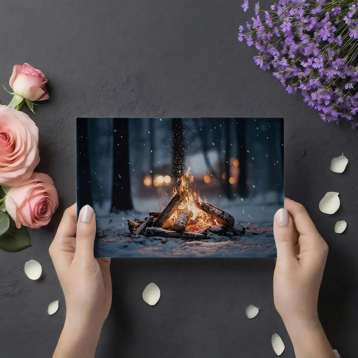 Snowy Campfire Night Mural Wallpaper — Moody Winter Landscape Mural Wallpaper - room preview 03