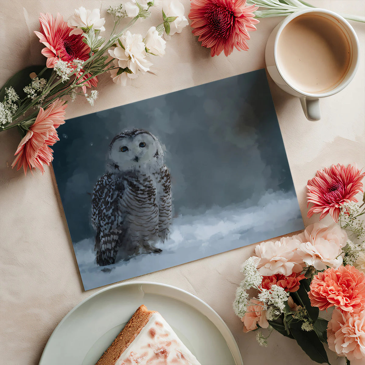Snowy Owl Winter Wildlife Mural Wallpaper — Painterly Arctic Art Mural Wallpaper - room preview 03