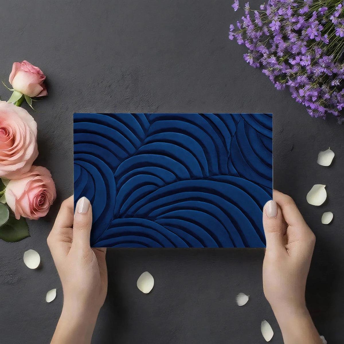 Midnight Waves Mural Wallpaper — Sculptural Blue Relief Design Mural Wallpaper - room preview 03