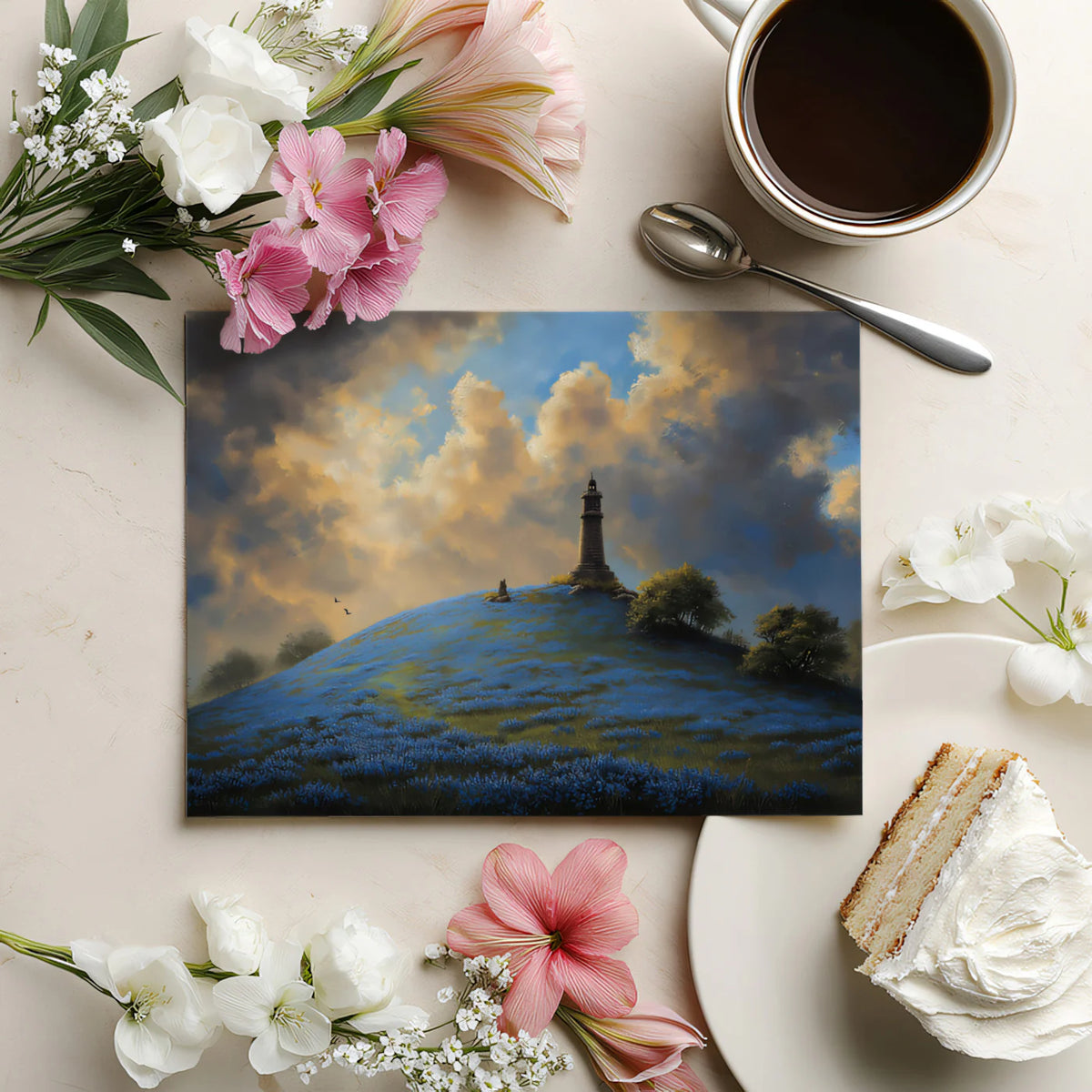 Coastal Lighthouse Hill Mural Wallpaper — Painterly Sunset Landscape Mural Wallpaper - room preview 03