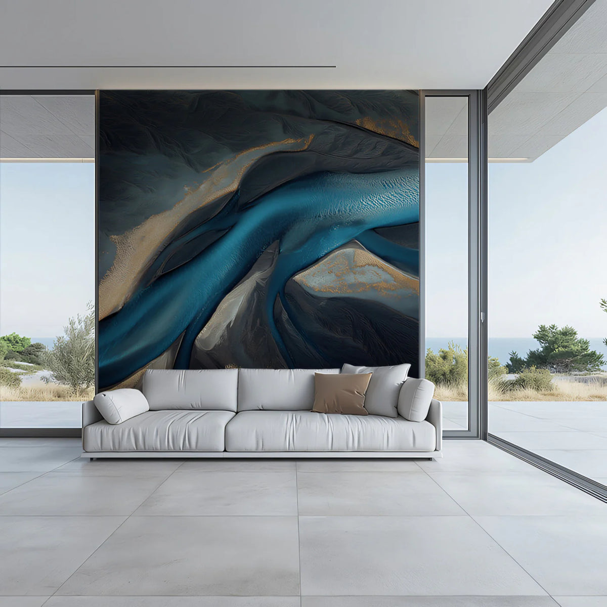 Aerial River Delta Mural Wallpaper — Moody Teal and Gold Abstract Mural Wallpaper - room preview 03