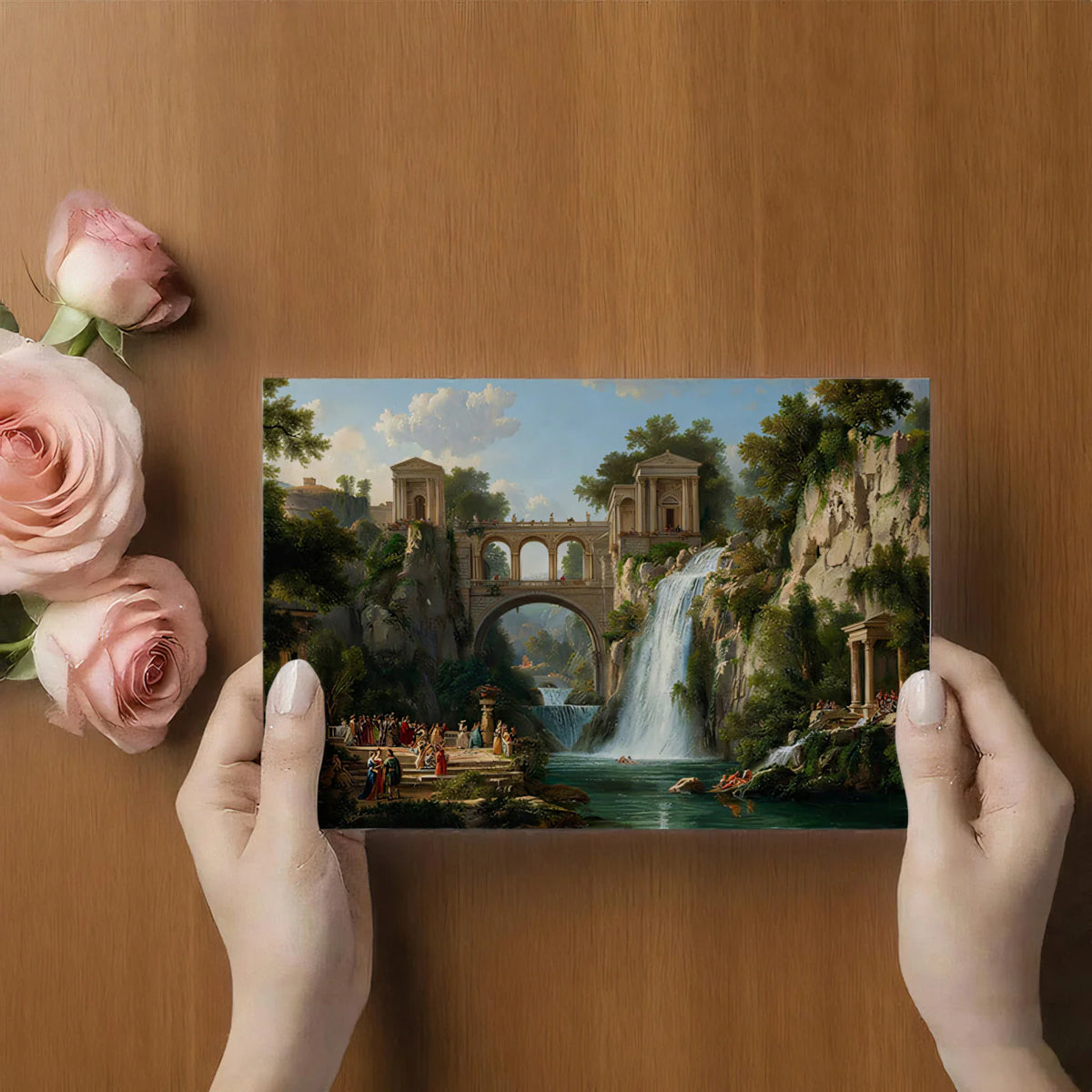 Classical Waterfall & Roman Ruins Mural Wallpaper — Oil Painting Style Mural Wallpaper - room preview 03