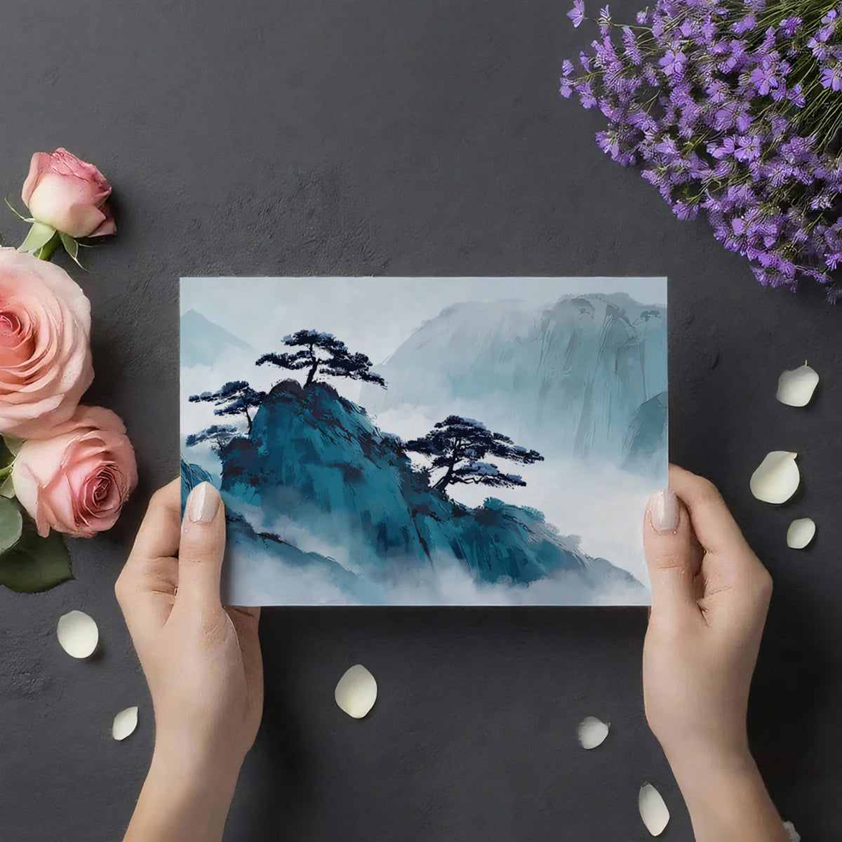 Ink Wash Mountain Pine Mural Wallpaper — Traditional Blue Landscape Mural Wallpaper - room preview 03