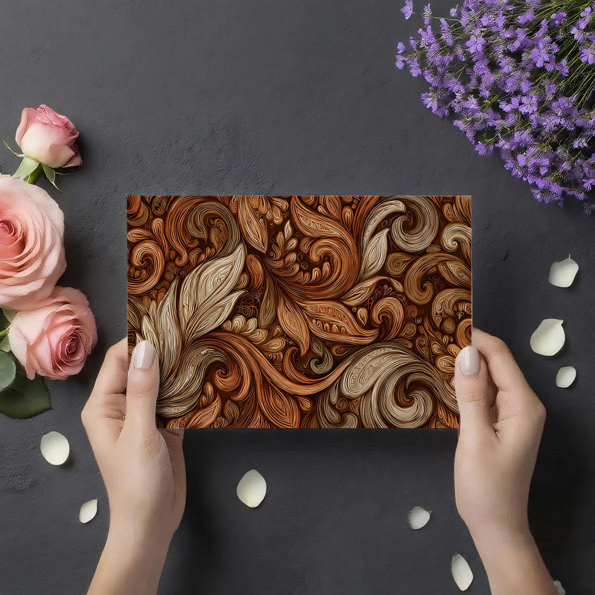 Acanthus Scrollwork Mural Wallpaper — Warm Bronze Artistic Design Mural Wallpaper - room preview 03