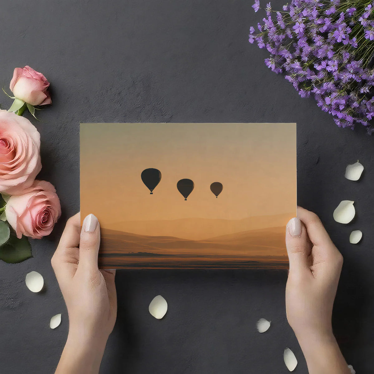 Golden Hour Hot Air Balloon Mural Wallpaper — Hazy Sunset Landscape Mural Wallpaper - room preview 03