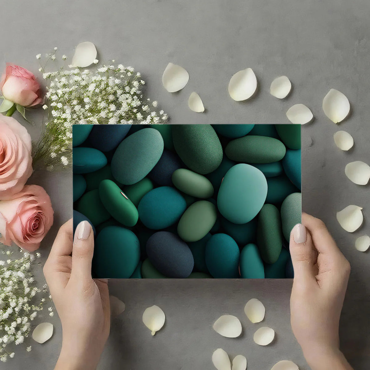 Teal and Emerald River Pebble Mural Wallpaper — Modern Organic Mural Wallpaper - room preview 03