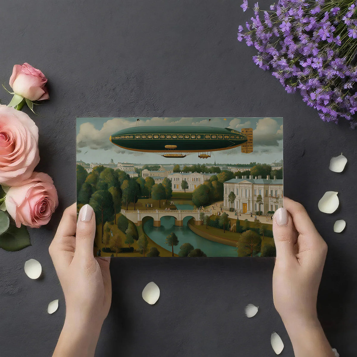 Vintage Zeppelin European Landscape Mural Wallpaper — Classic Travel Mural Wallpaper - room preview 03