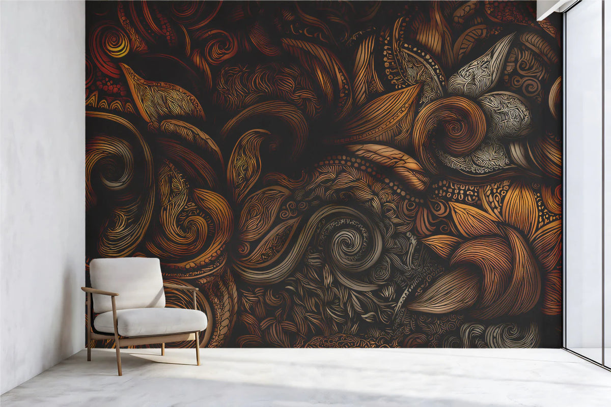 Abstract Swirl Relief Mural Wallpaper — Warm Bronze and Copper Mural Wallpaper - room preview 03