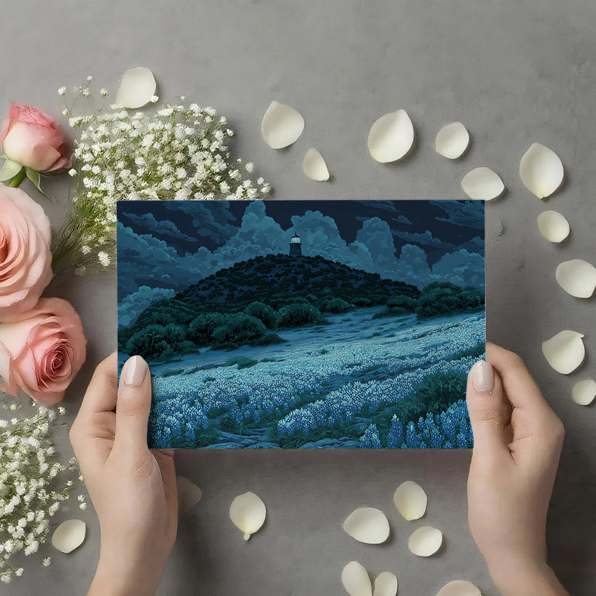 Midnight Lighthouse and Floral Field Mural Wallpaper - room preview 03