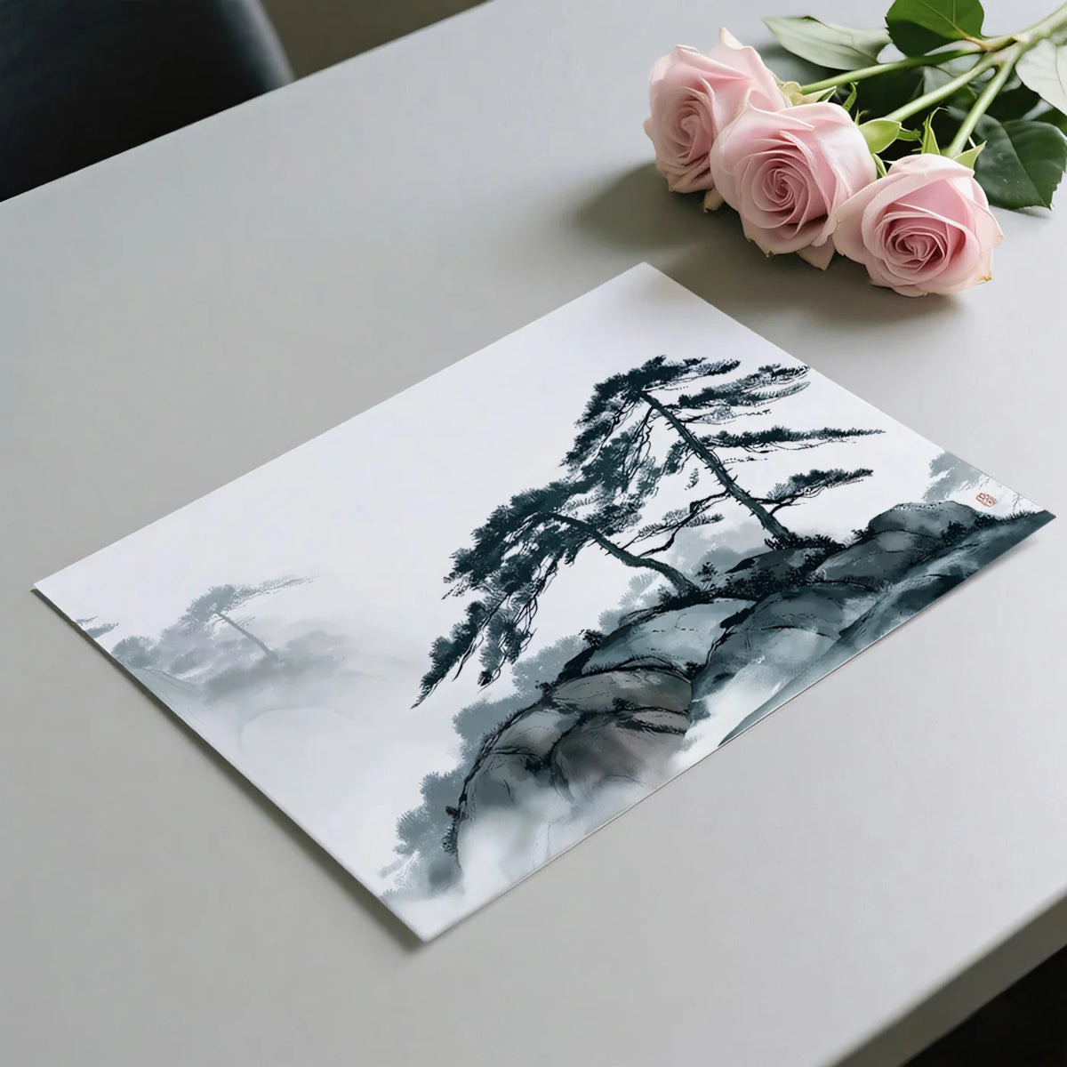 Ink Wash Mountain Mural Wallpaper — Traditional Zen Landscape Mural Wallpaper - room preview 03