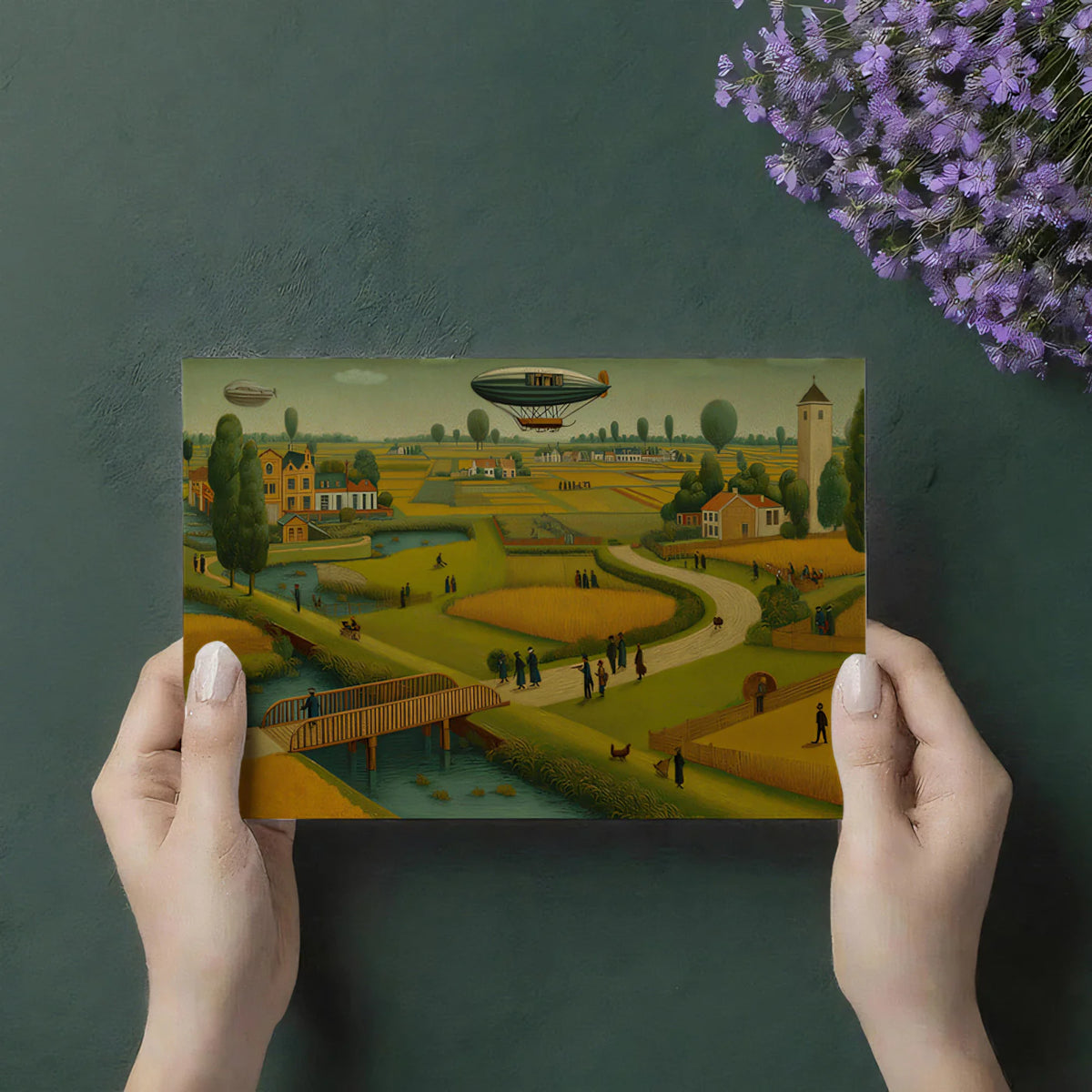 Golden Pastoral Airship Mural Wallpaper — Vintage Folk Art Landscape Mural Wallpaper - room preview 03