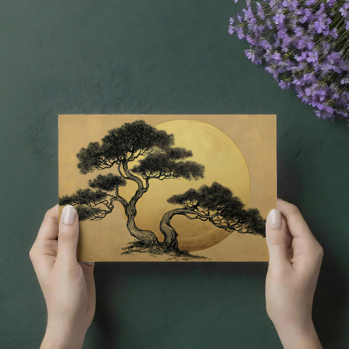 Japanese Pine Silhouette Mural Wallpaper — Golden Disk Art Mural Wallpaper - room preview 03