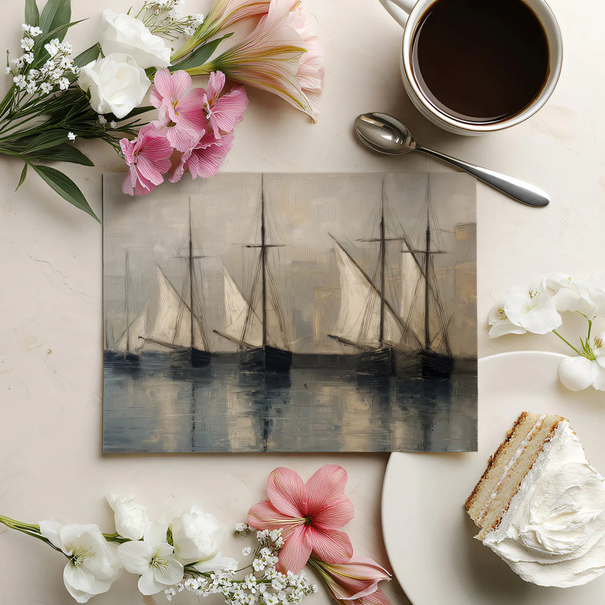 Vintage Harbor Fishing Boats Mural Wallpaper —Oil Painting Style Mural Wallpaper - room preview 03