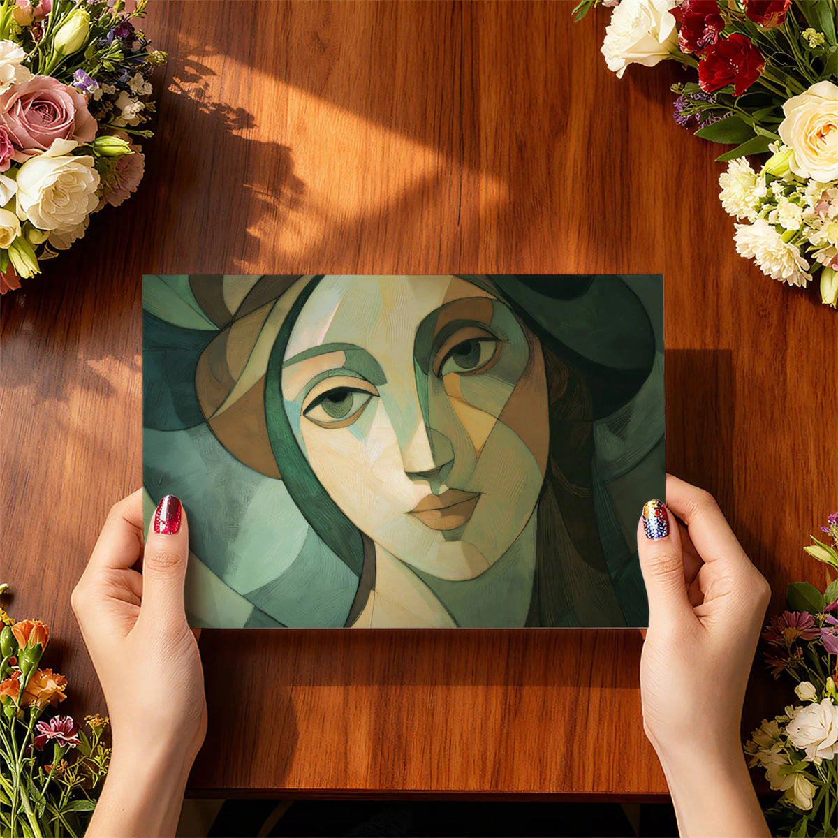 Cubist Portrait Mural Wallpaper — Artistic Green & Earth Tones Mural Wallpaper - room preview 03