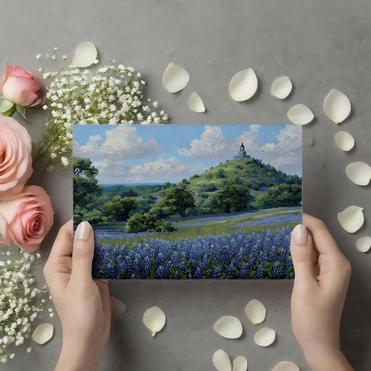 Bluebonnet Hill Landscape Mural Wallpaper — Impressionist Style Mural Wallpaper - room preview 03
