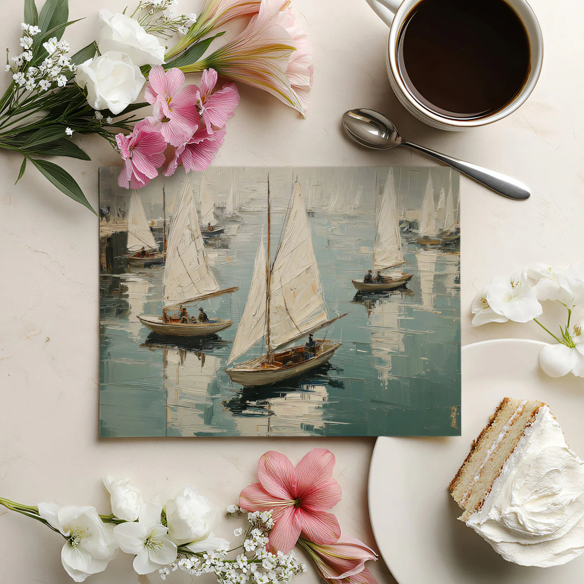 Impressionist Harbor Sailboat Mural Wallpaper — Artistic Marine View Mural Wallpaper - room preview 03