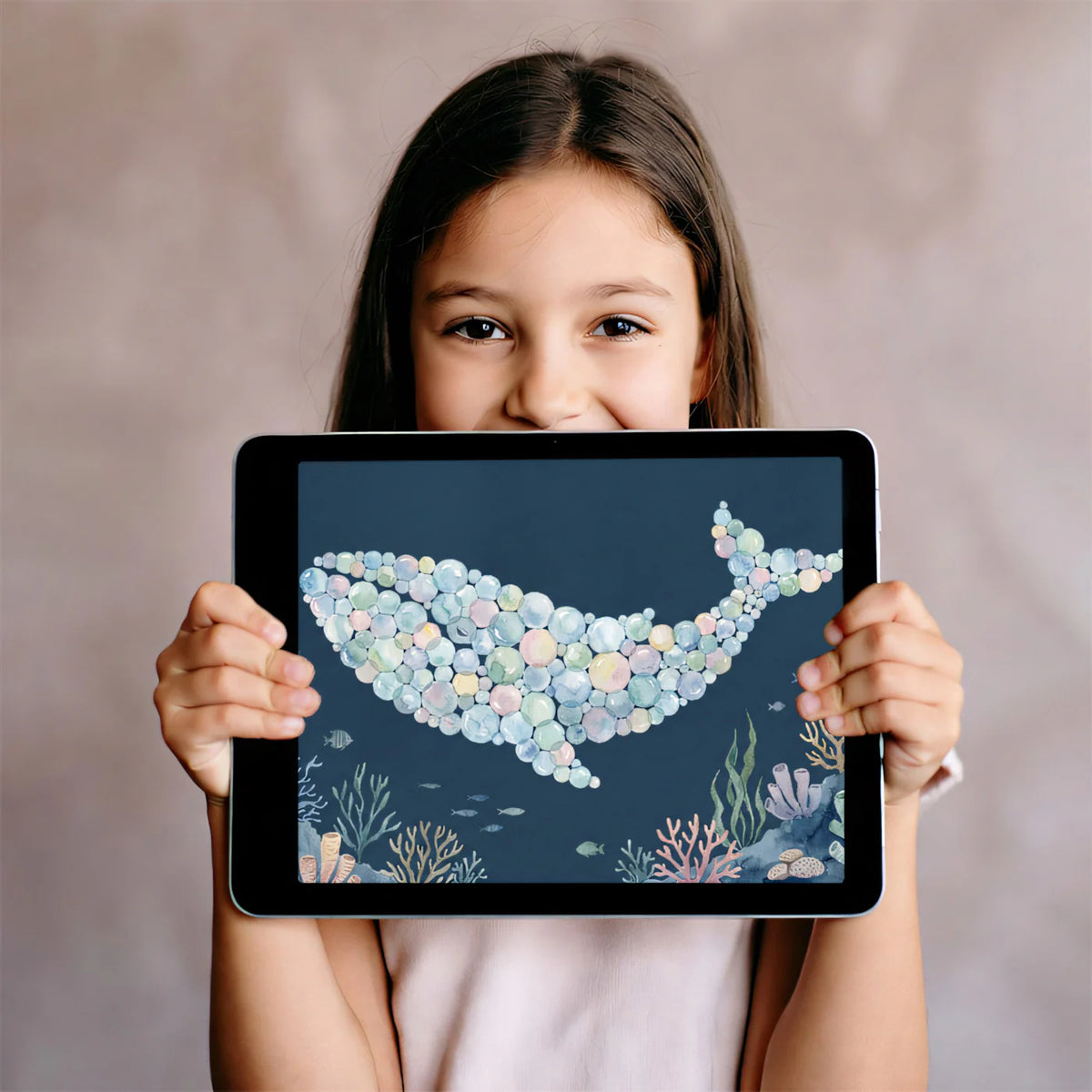 Watercolor Bubble Whale Mural Wallpaper — Coastal Marine Art Mural Wallpaper - room preview 03