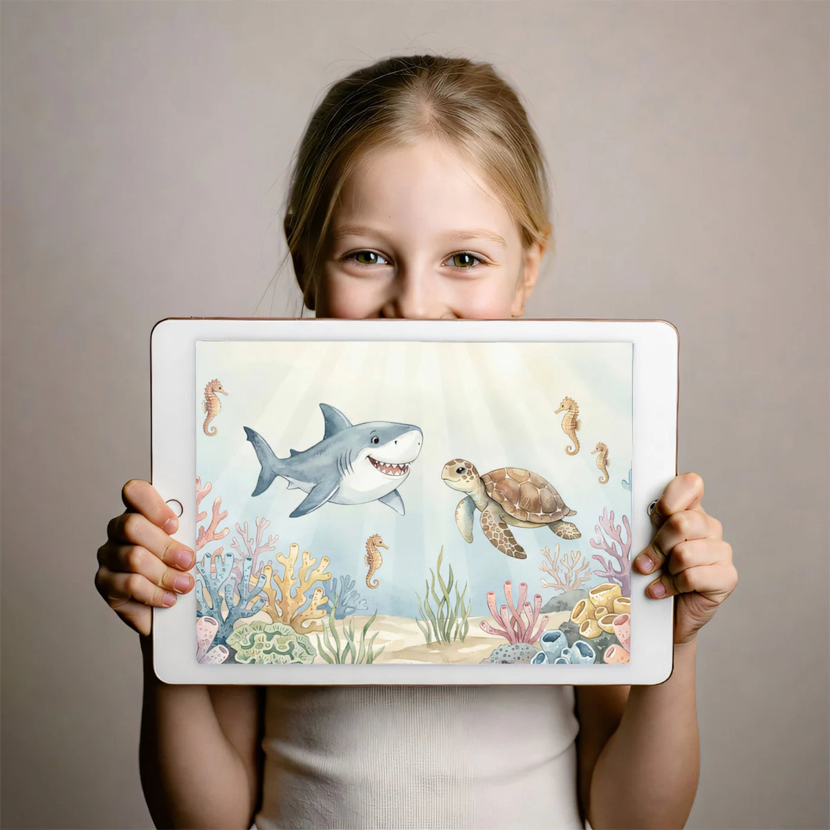 Friendly Shark and Turtle Underwater Mural Wallpaper — Watercolor Mural Wallpaper - room preview 03