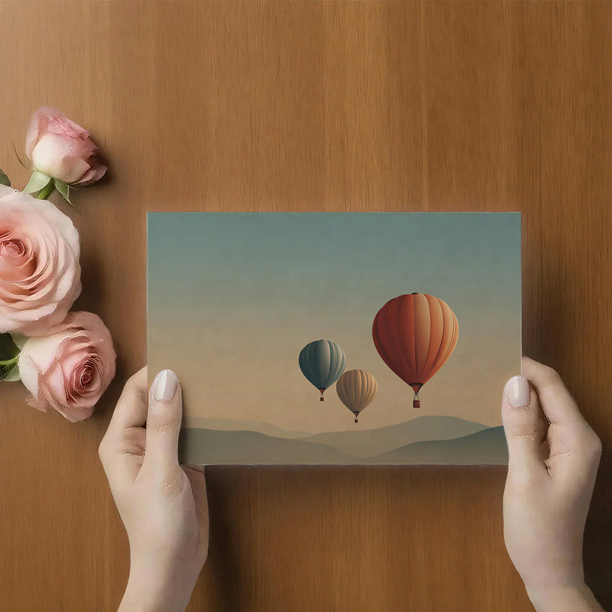 Floating Hot Air Balloon Landscape Mural — Minimalist Pastel Decor Mural Wallpaper - room preview 03