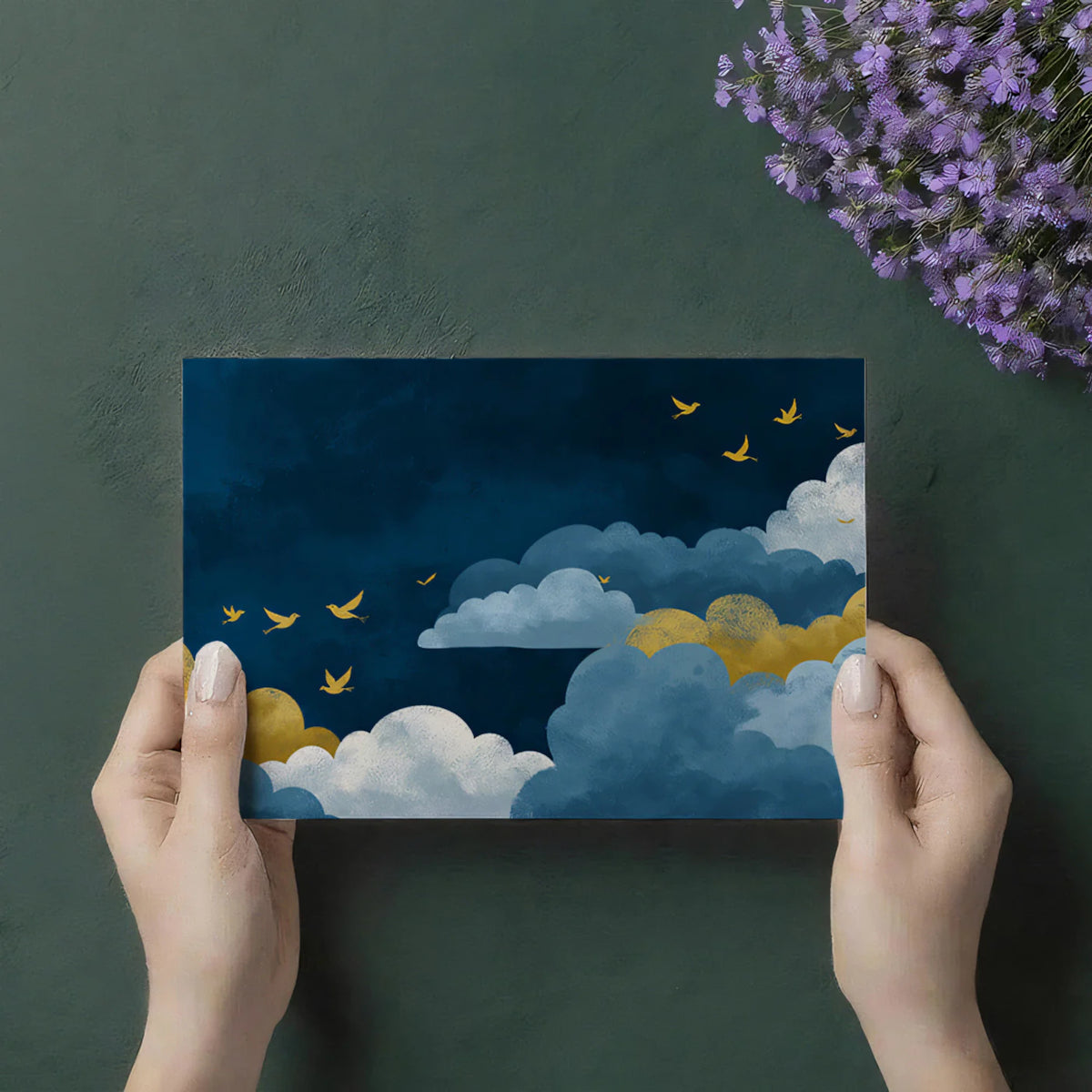 Indigo Skies & Golden Birds Mural Wallpaper — Whimsical Dreamscape Mural Wallpaper - room preview 03