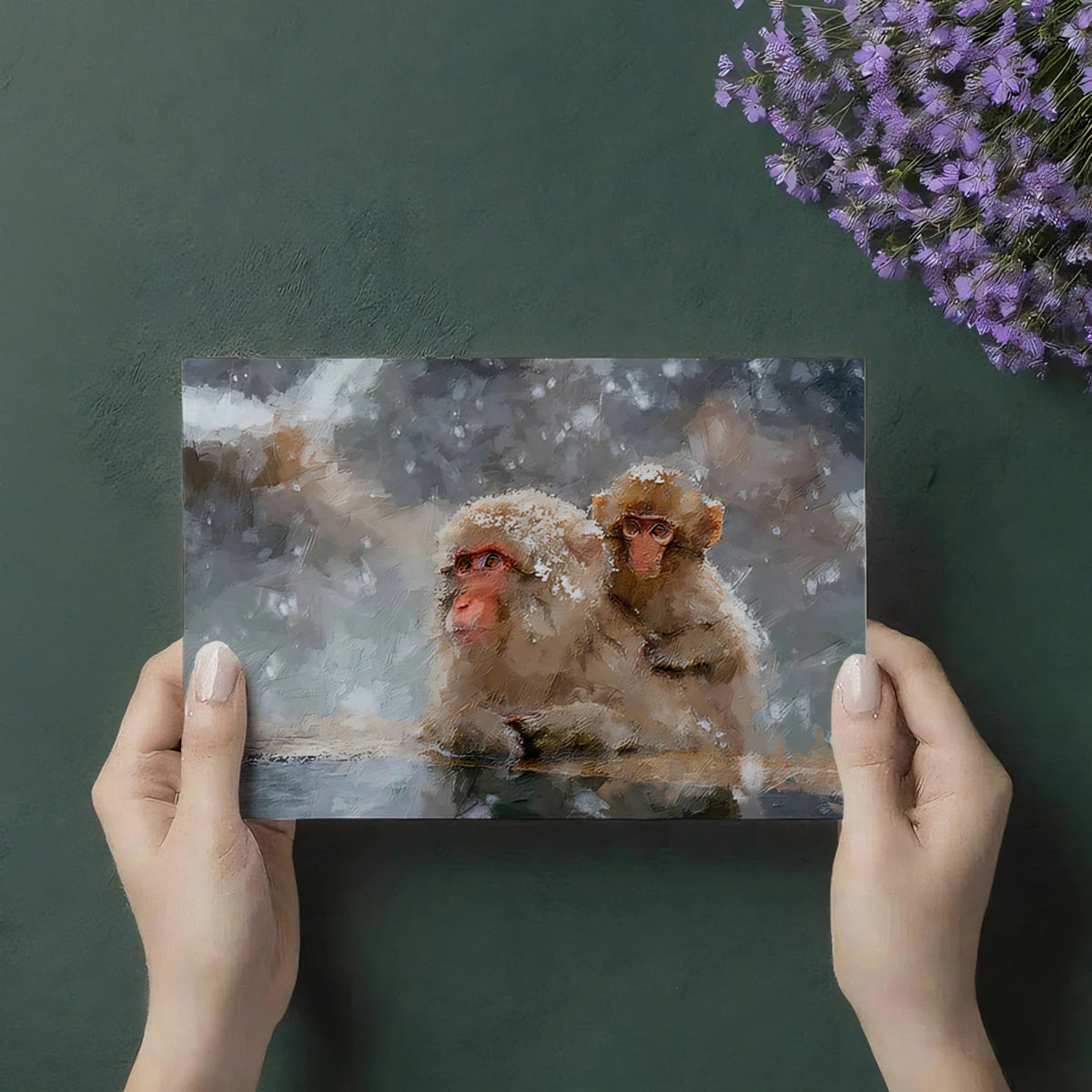 Snow Monkey Impressionist Mural Wallpaper — Soft Winter Art Mural Wallpaper - room preview 03