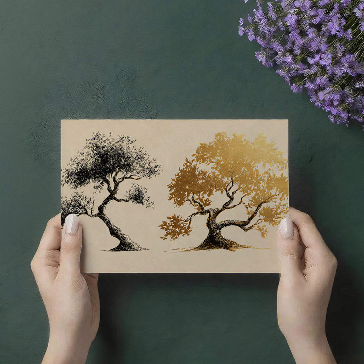 Dual Ink and Gold Tree Art Mural Wallpaper — Sophisticated Contrast Mural Wallpaper - room preview 03