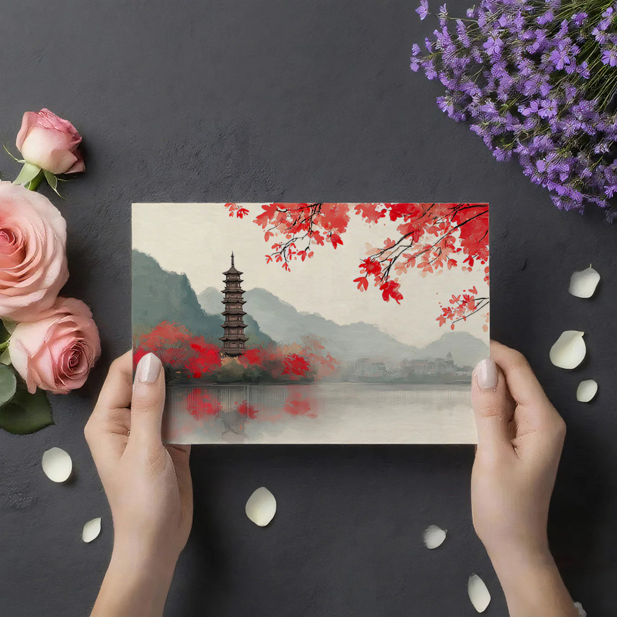 Traditional Chinese Pagoda & Maple Mural Wallpaper — Artistic View Mural Wallpaper - room preview 03