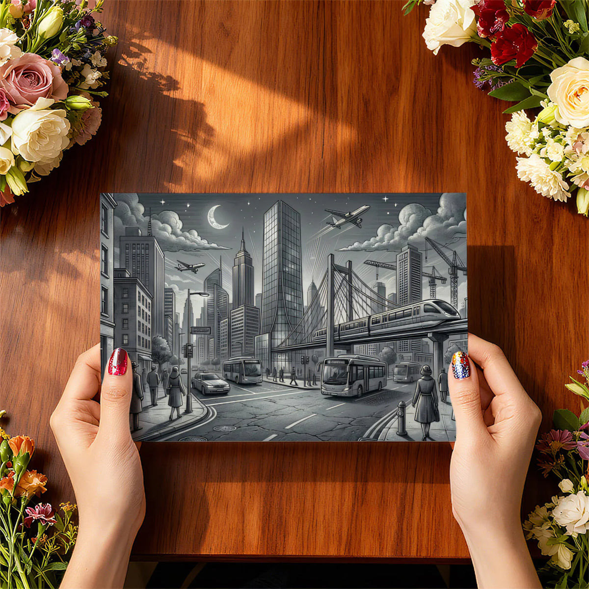 Metropolitan Nightscape Mural Wallpaper —Ink Sketch Illustration Mural Wallpaper - room preview 03