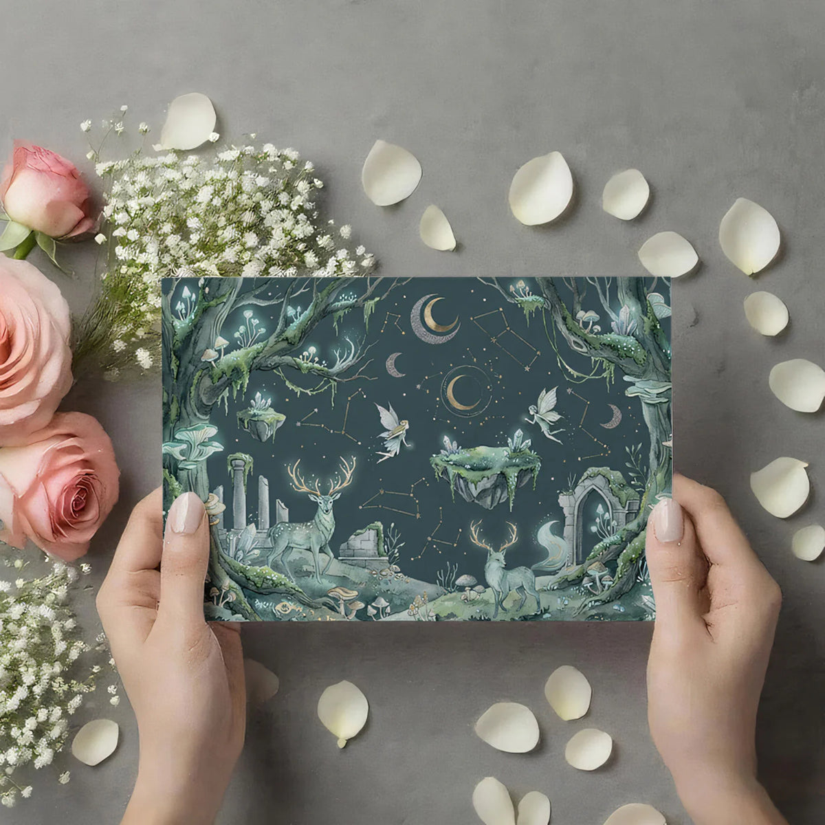Mystical Midnight Forest Mural Wallpaper with Fairies and Deer Mural Wallpaper - room preview 03