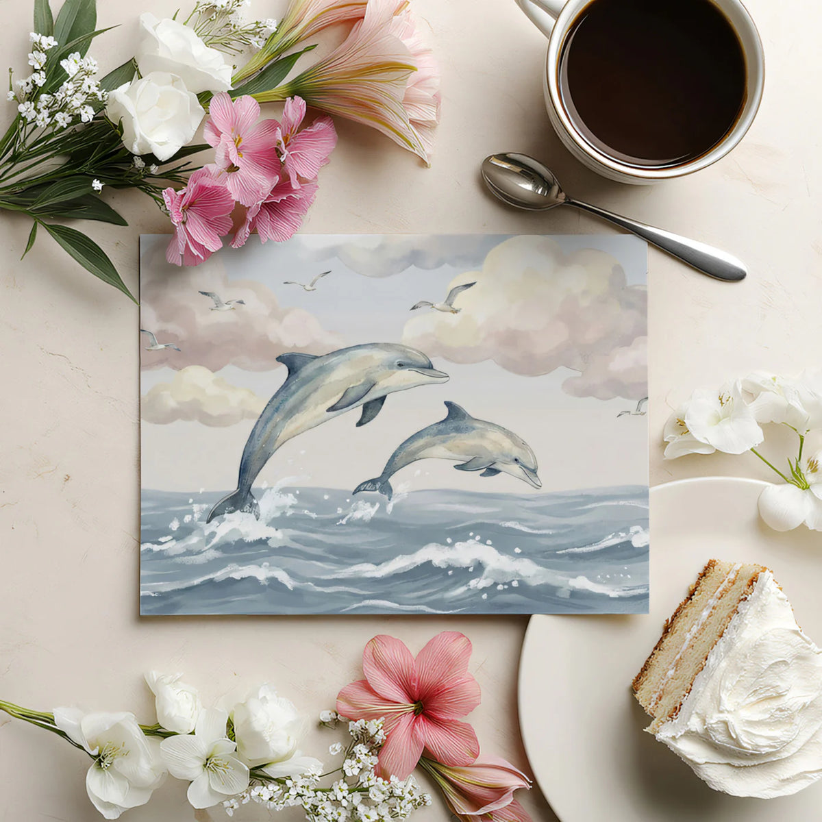 Watercolor Jumping Dolphins Mural Wallpaper — Coastal Calm Mural Wallpaper - room preview 03