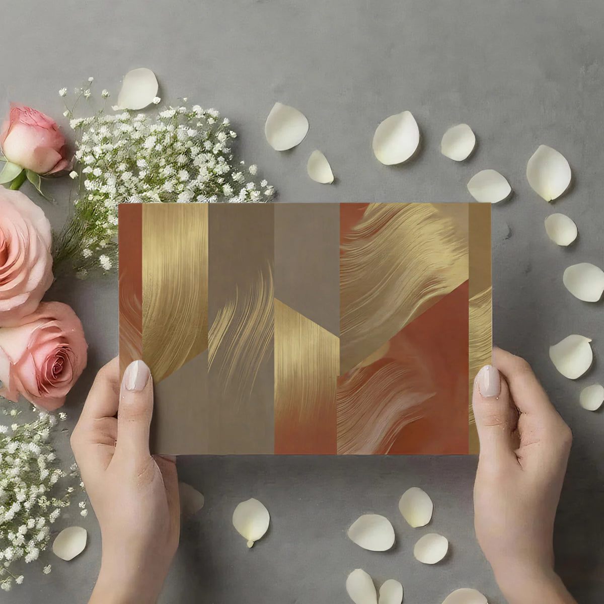 Abstract Geometric Gold and Terracotta Mural Wallpaper - room preview 03