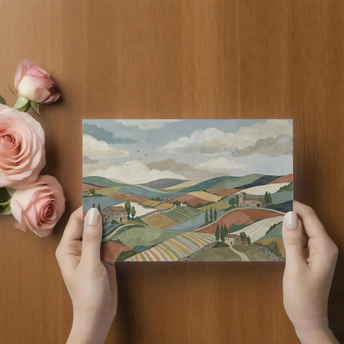 Tuscan Hillside Mural Wallpaper — Painterly Countryside Landscape Mural Wallpaper - room preview 03