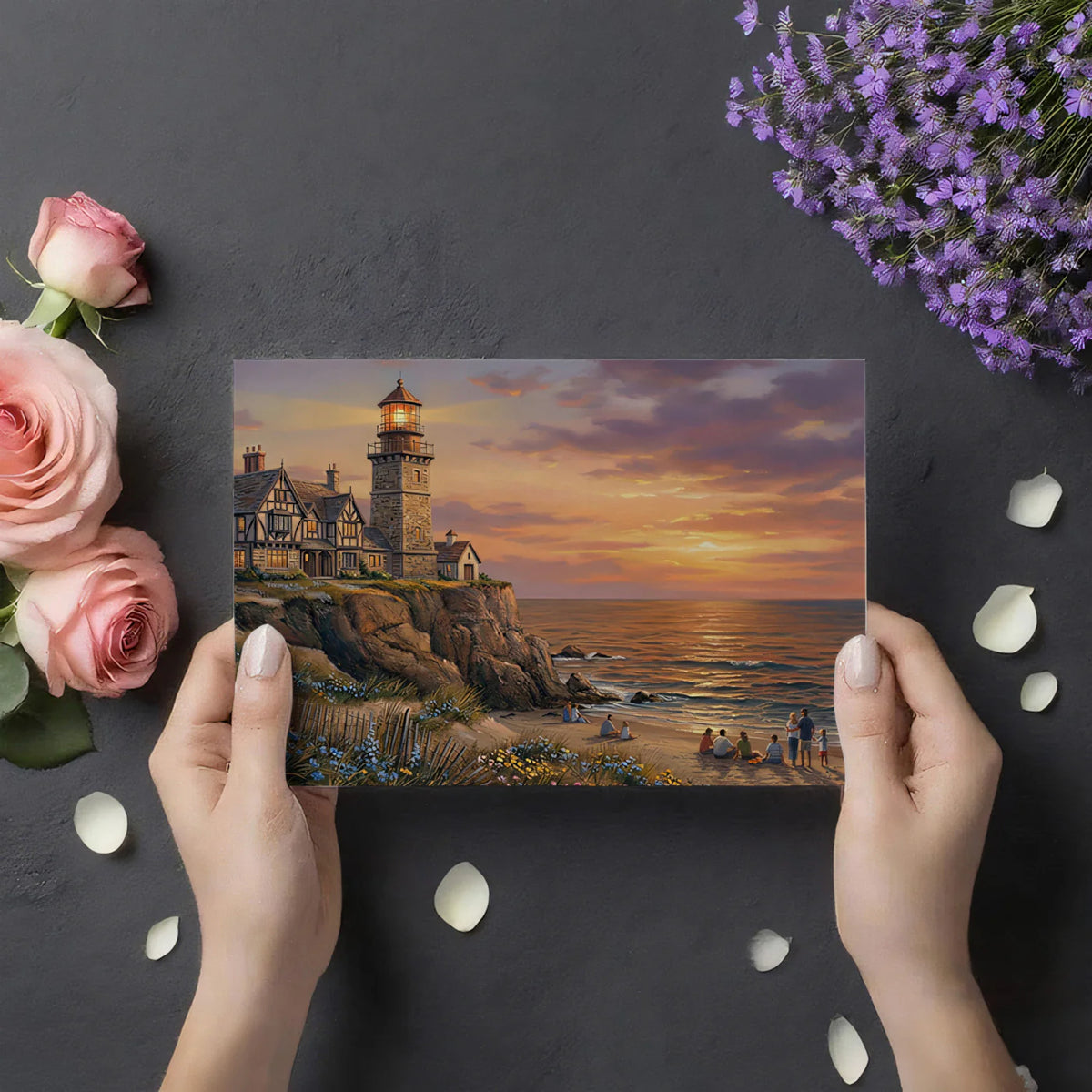 Coastal Lighthouse Cottage Mural Wallpaper — Warm Sunset Seascape Mural Wallpaper - room preview 03