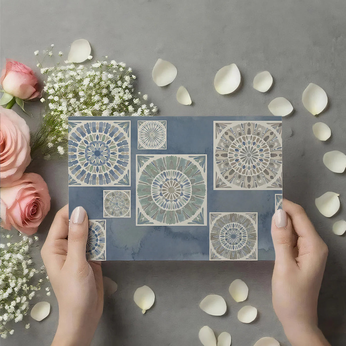 Watercolor Mandala Tile Mural Wallpaper — Bohemian Mediterranean Style Mural Wallpaper - room preview 03