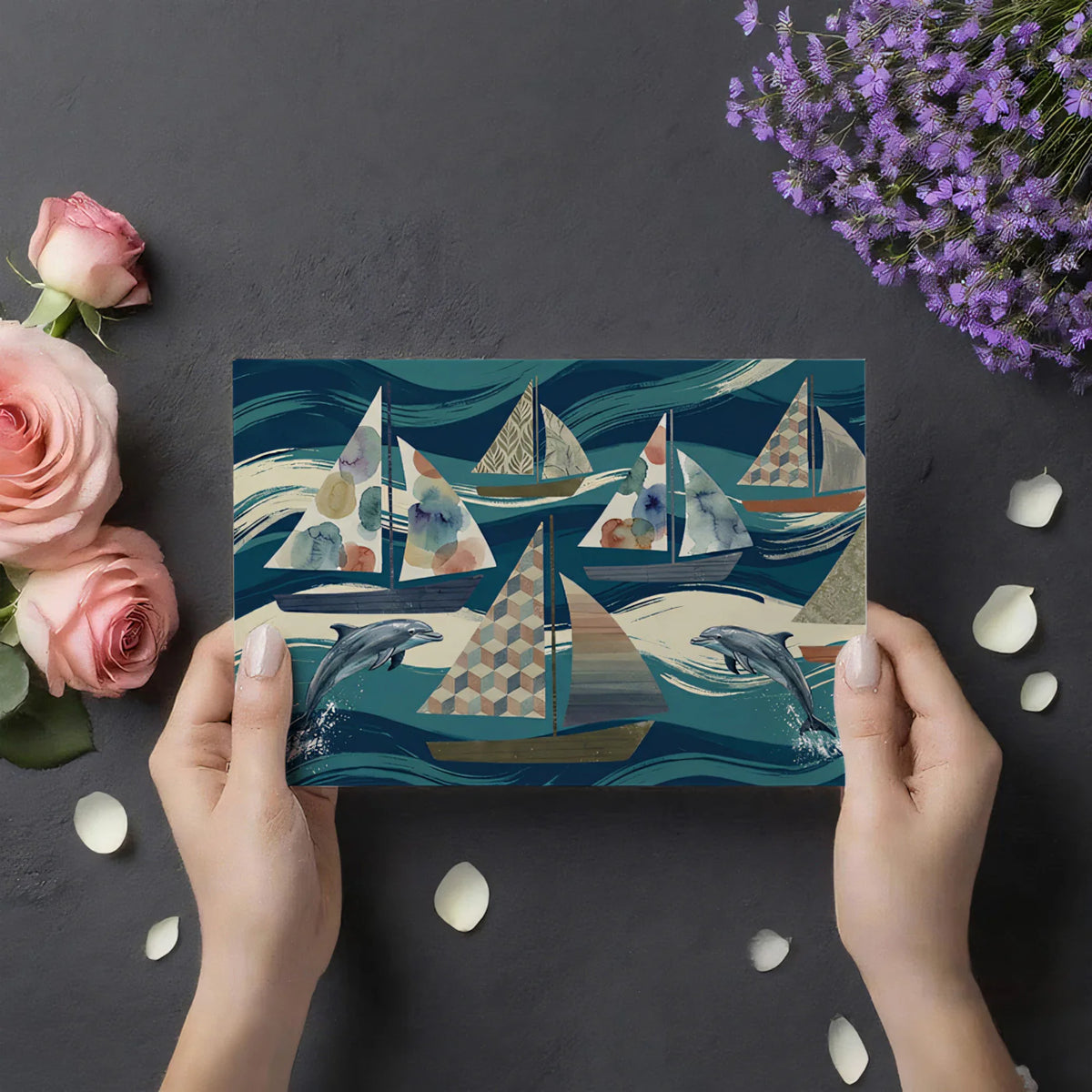 Sailboat and Dolphin Nautical Mural Wallpaper — Whimsical Coastal Art Mural Wallpaper - room preview 03