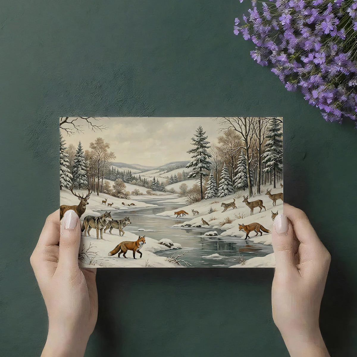 Snowy Wildlife Forest Mural Wallpaper —Winter Cabin Illustration Mural Wallpaper - room preview 03