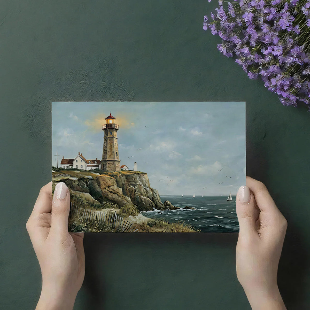 Coastal Lighthouse Mural Wallpaper — Vintage Seaside Cliff Landscape Mural Wallpaper - room preview 03