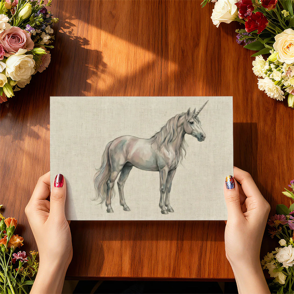Mythical Unicorn Illustration Mural Wallpaper — Artistic Linen Style Mural Wallpaper - room preview 03