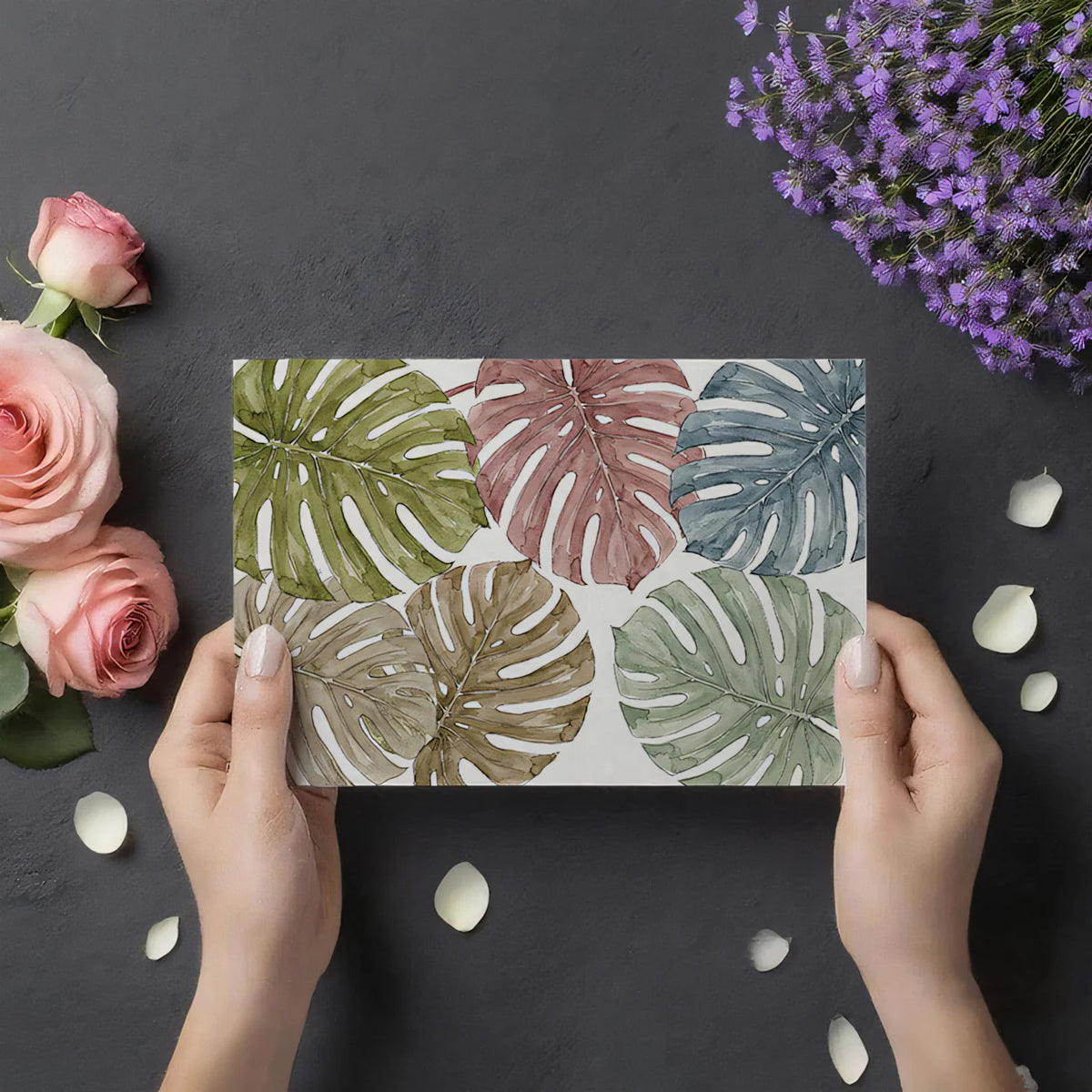 Watercolor Monstera Leaf Mural Wallpaper — Organic Tropical Design Mural Wallpaper - room preview 03