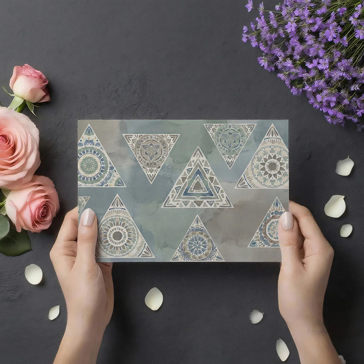 Bohemian Mandala Triangle Mural Wallpaper — Earthy Indigo Pattern Mural Wallpaper - room preview 03