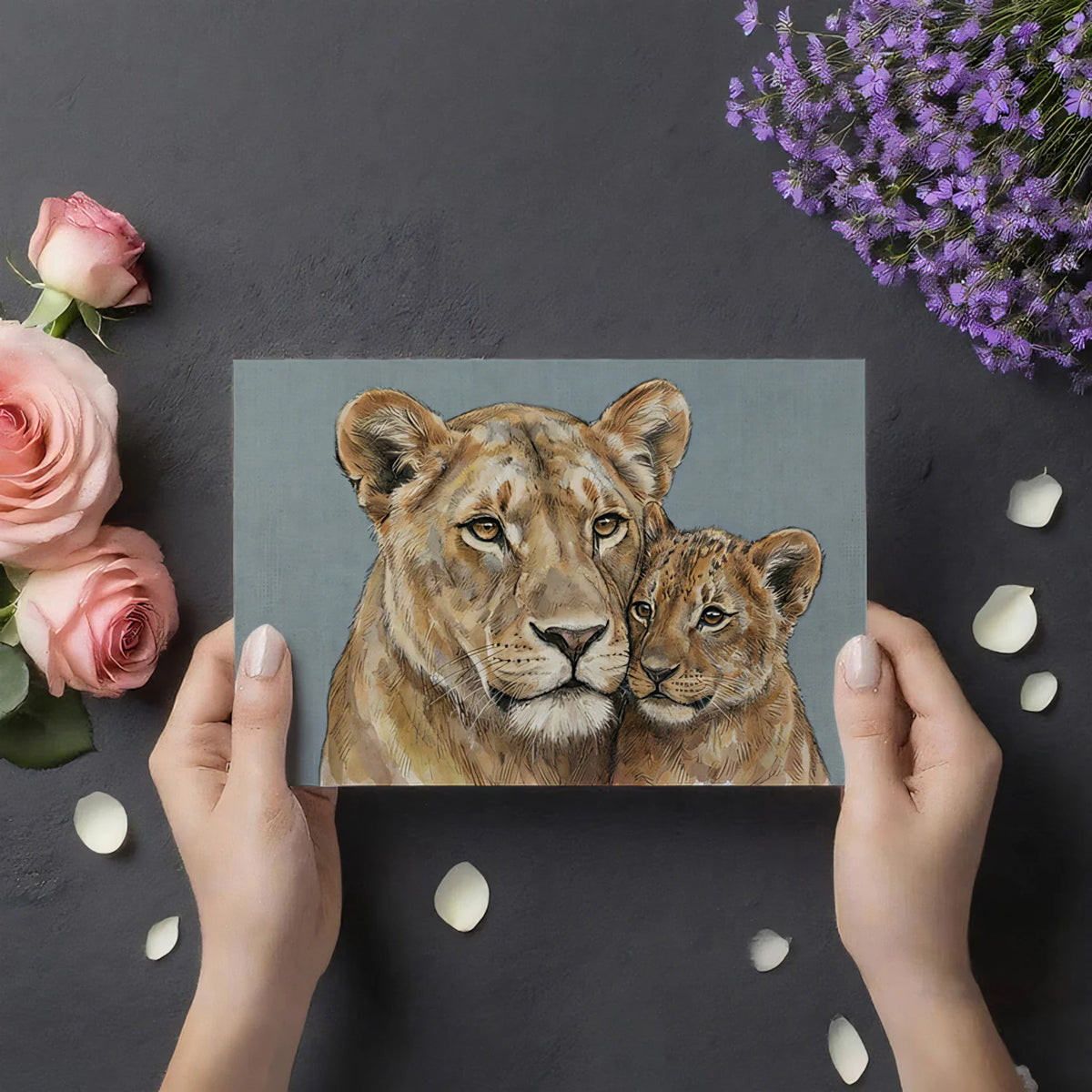 Lioness and Cub Mural Wallpaper — Gentle Wildlife Illustration Mural Wallpaper - room preview 03