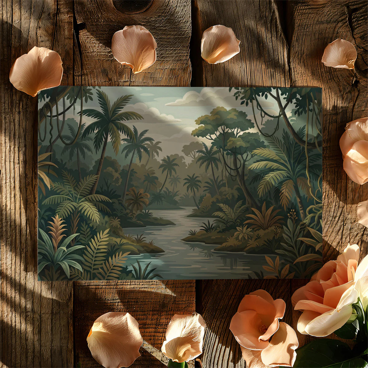 Vintage Tropical River Mural Wallpaper — Muted Botanical Landscape Mural Wallpaper - room preview 03