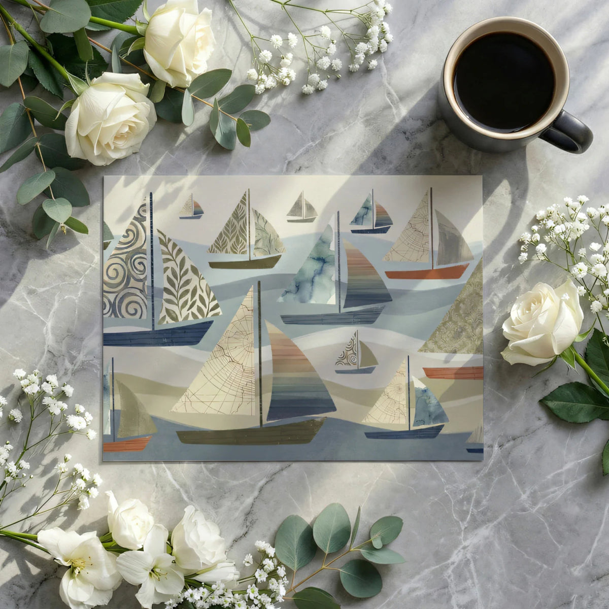 Sailboat Fleet Mural Wallpaper — Watercolor Nautical Sea Pattern Mural Wallpaper - room preview 03