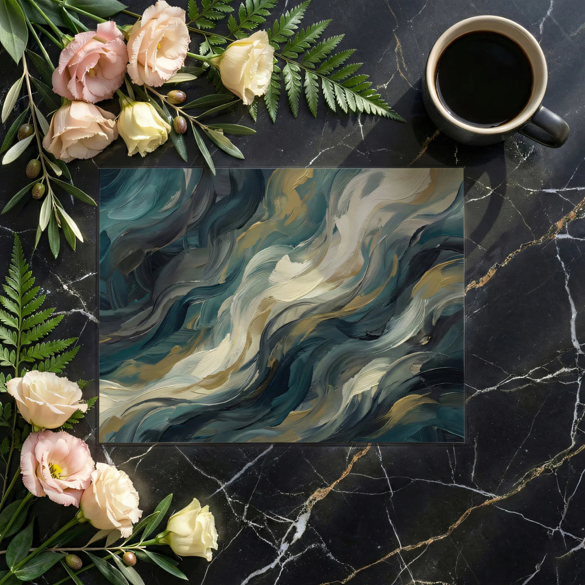Teal and Charcoal Abstract Motion Mural Wallpaper — Painterly Style Mural Wallpaper - room preview 03